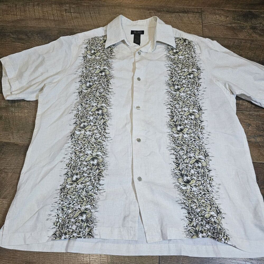 Axcess Claiborne Men’s Large Linen Blend Shirt Floral Panel Short Sleeve White